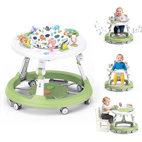Baby Walker Foldable, 4-in-1 Toddler Infant Walkers with Wheels, 360-degree Rotatable Play Tray, for Boys and Girls 6-18 Months- Activity Center, 3-Gear Height Adjustable, Music and Lights(Green)