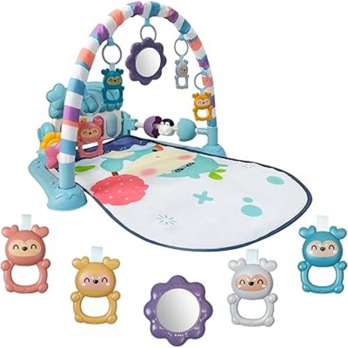 Baby Tummy Time Play Mat, Kick and Play Piano with Music and Light, Activity Gym Center for Newborn Babies Infants Boys Girls 0-3-6-9-12 Months (Blue)