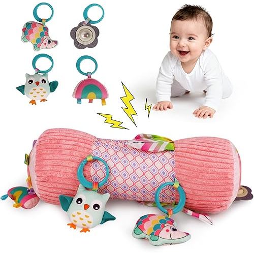 Inflatable Baby Tummy Time Toys Pillow for Newborn, Montessori Baby Sensory Toys Roller with Detachable Mirror, Squeaker, Teether & Rattle, Help with Early Development 3-6 Months (Unicorn)
