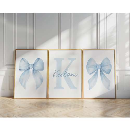 Blue Bow Set of 3 Custom Prints Wall Art Nursery Girl Room Decor Personalized Name Sign Watercolor Prints Girly Art Printable Posters
