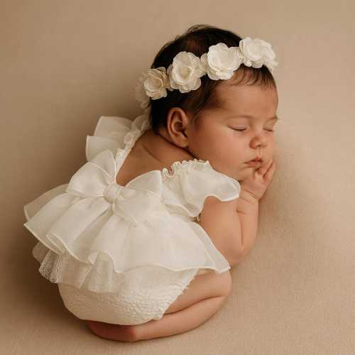 Handmade White Chiffon Ruffle Baby Romper | Christening, Birthday Outfit