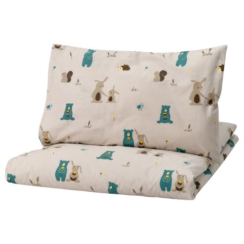 LEN Duvet cover 1 pillowcase f crib - beige/bunny and bear pattern 43 1/4x49 1/4/13 3/4x21 5/8 "