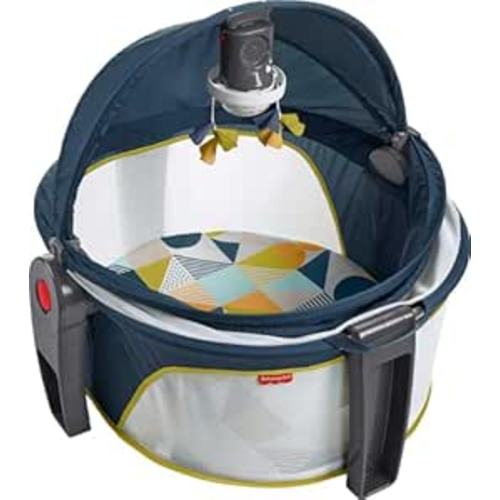 Fisher-Price Portable Baby Bassinet and Play Space Deluxe On-the-Go Projection Dome with Lights Music and Canopy, Cool Hues
