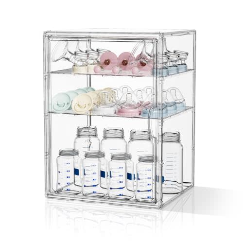 MSHOMEY Baby Bottle Storage Organizer for Countertop Cabinet 4 Tiers Clear Plastic Bottle Station Organizer with 3 Adjustable Divider, Large Baby Bottles Holder Rack for Rings, Nipples, Pump Parts