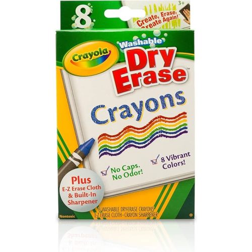 Crayola Washable Dry Erase Crayons (8ct), Includes Eraser Mitt & Sharpener, Classroom Supplies for Teachers
