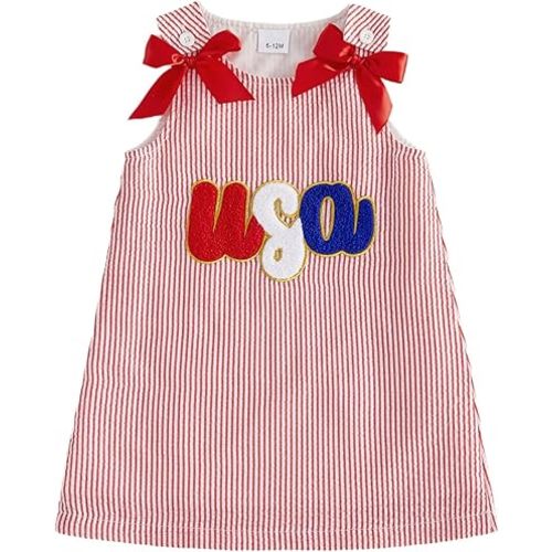 Amiblvowa Toddler Baby Girl 4th of July Outfit Popsicle Embroidery Striped Seersucker Sleeveless Tank Dress Patriotic Clothes