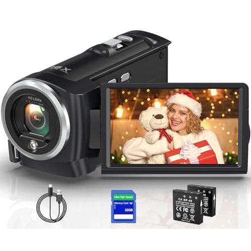2.7K Video Camera Camcorder QHD 56MP YouTube Vlogging Camera Webcam 16X Digital Zoom with 32G SD Card 270 Degree Rotation Screen Camcorders and 2 Batteries Recording While Charging