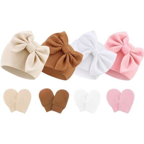 BQUBO Newborn Baby Hats Mittens Set Hospital Hat Beanie Infant Bow Hats Baby Gloves No Scratch Mittens for 0-6 Months