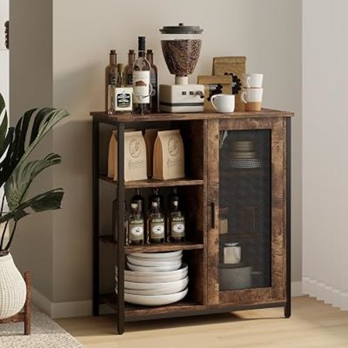 LVSOMT Coffee Bar Cabinet with Adjustable Shelves and Door, Rustic Brown