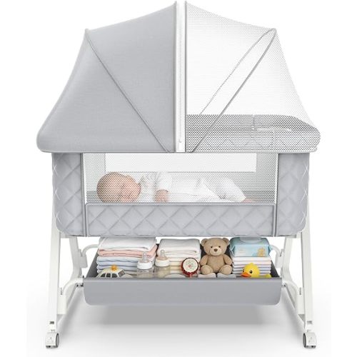 Baby Bassinet, 5 in 1 Bedside Bassinets for Baby, Bassinet Bedside Sleeper with Wheels, Mosquito Net, Adjustable Height, Easy Folding & Storage Basket