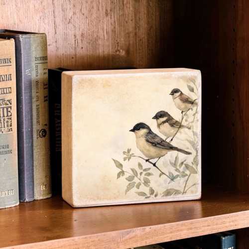 Songbird Trio Wood Block Sign | Rustic Farmhouse Nature Shelf Decor