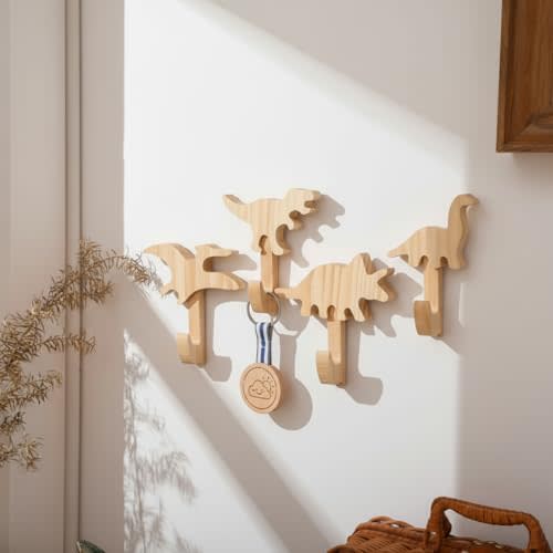 Kathfly 4 Pcs Dinosaur Hooks Kids Coat Hooks Wall Mount Cute Wood Door Hangers Coat Racks for Kids Room Nursery Children Bathroom Decor for Hanging Hats Backpacks Towels Keys Clothes