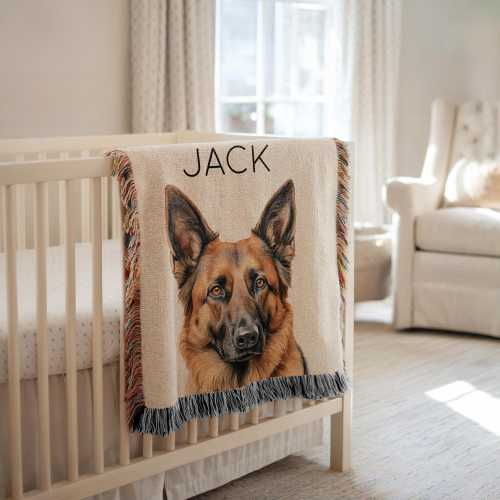 Personalized German Shepherd Dog Blanket, Custom Name Puppy Throw for Boys, German Shepherd Dog Nursery Decor, Dog Lover Baby Gift Mom Dad
