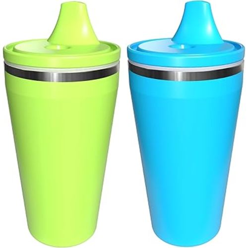 Re-Play 10 oz Insulated Stainless Steel Sippy Cup (2 Pack) - No-Spill Hard Spout Toddler Cup, Keeps Drinks Cold, Dishwasher Safe & Durable - Made in USA, Lime/Sky