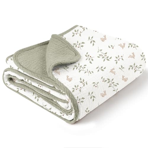 Rabbit Konssy Muslin Baby Blankets for Girls Boys, 100% Cotton Crib Blanket for Baby Infant Toddler, Super Soft and Lightweight Nursery Blankets 40"x36"（Rabbit