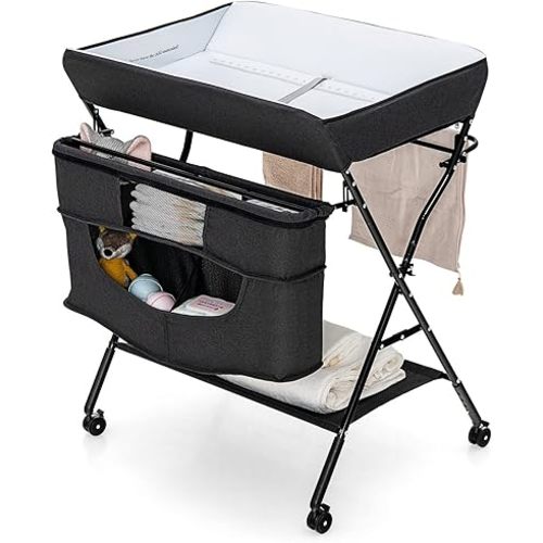 Costzon Baby Changing Table, Adjustable Height Portable Diaper Station w/Lockable Wheels, Safety Belt, Large Storage Rack & Bag, Folding Nursery Station for Infant Newborn (Black)