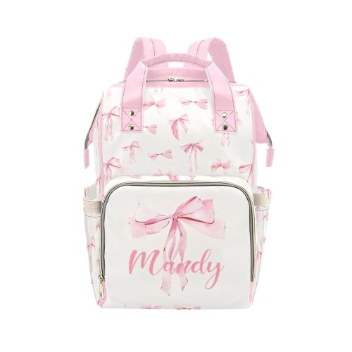 Custom Diaper Bag Backpack for Women, Personalized Name Nursing Mommy Daypack, Diaper Bag for Girls Boys, New Mom Gifts (Pink Bow)