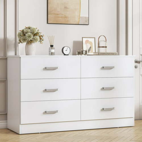 Winkalon 6-Drawer Double Dresser, White Wooden Storage Chest with Easy-Pull Handles for Bedroom and Living Room