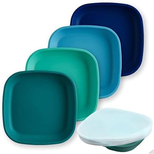 Re-Play Toddler Plates - 22 Oz. Deep-Walled Flat Kids Plates - Dishwasher & Microwave Safe - Made in USA - Set of 4-7.37" x 7.37" x 1.25" - A True Blue