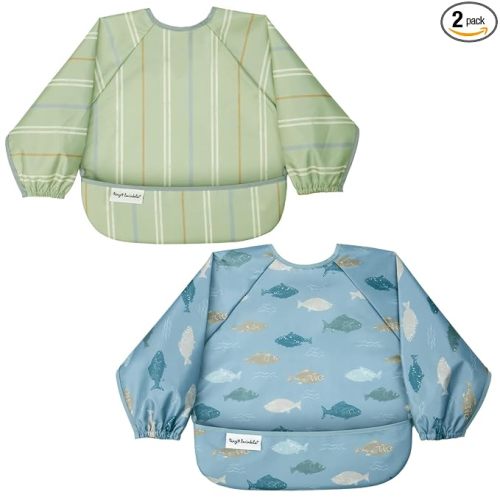 Tiny Twinkle Long Sleeve Bib for Babies&Toddlers|2-Pack Waterproof Smock Bib for Eating|Machine Washable&Mess-Proof Feeding Essentials|Newborn Shower Gift(Heritage Stripe,Gone Fishing,6-24M)