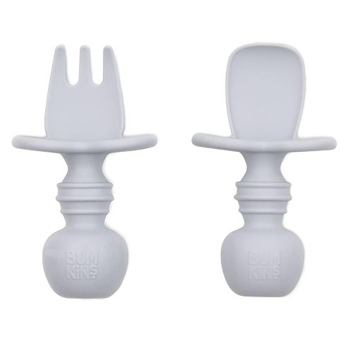 Bumkins Baby Utensils Set, Chewtensils Silicone Spoons for Dipping, Self-Feeding, Baby Led Weaning, Trainer Learning, First Stage Eating, Soft Practice Fork and Spoon, Babies 6 Months, Gray