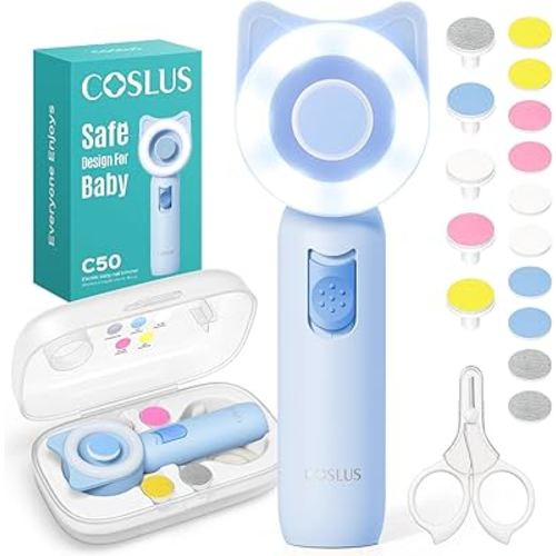 COSLUS Baby Nail File, Baby Nail Trimmer Electric, Baby Nail Clipper - Gentle, Quiet with 360° Light, Safe for Sleep Time Grinding, 16-in-1 Kit for Newborn, Infant & Toddler (C50, Sky Blue)