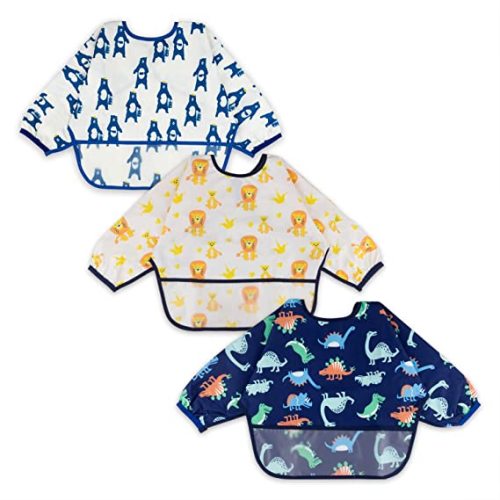 Baby Noah 3 Pack Long Sleeve Bib, Toddler Mess Free & Waterproof Shirt Bibs, Reusable Bib with Pocket, Adjustable Fits Ages 6-12 Months
