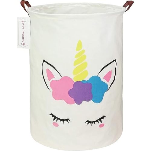 QUEENLALA Large Storage Basket,Laundry Hamper/Bathroom/Home Decor/Collapsible Round Storage Bin,Boys and Girls Hamper/Boxes/Clothing(Golden Unicorn)