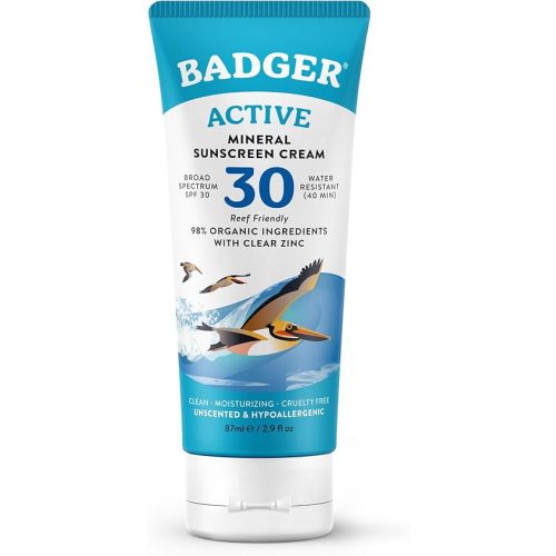 Badger Mineral Sunscreen Cream SPF 30, Zinc Oxide Sun Care, 98% Organic, Reef Safe, Water Resistant, Unscented Face and Body Sunscreen Travel Size, 2.9 fl oz