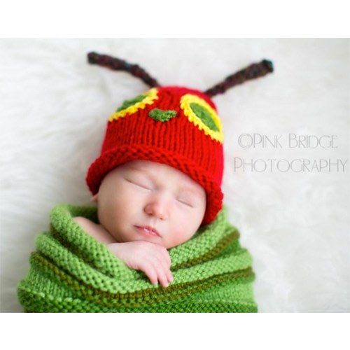 Very Hungry Caterpillar Baby Swaddle Sack and Hat Easy Knit Pattern