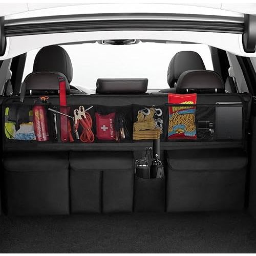 Car Trunk Organizer and Storage (41" X 20"), Back Seat Hanging Bag for SUVs, Trucks, and MPVs — Waterproof, Foldable Car Storage Bag with 5 Pockets, Mesh Pocket, and Snap(Black).