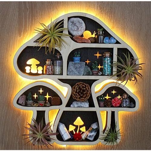 LED Mushroom Decor Cute Mushroom Floating Shelves, Crystal Shelf Display for Wall, Rock Gem Stone Storage Organizer, Trinkets Holder, Knick Knack Shelf, Mushroom Item, Unique Gift for Mushroom Lovers