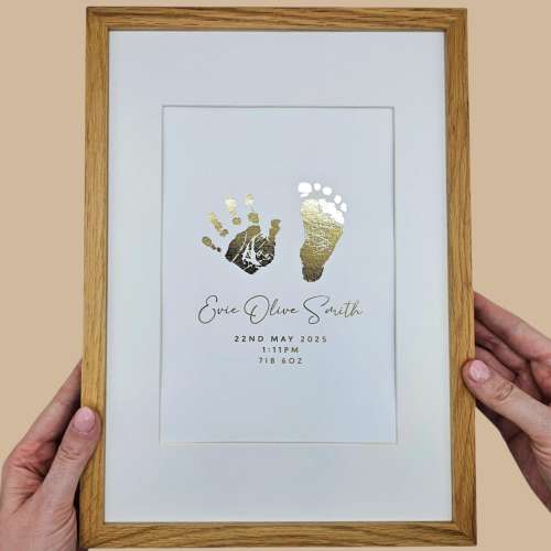 Personalised Baby Hand & Footprint Foil Print, New Baby Keepsake Gift, Birth Announcement Print, Free Ink Kit, Nursery Wall Art, Baby Foot