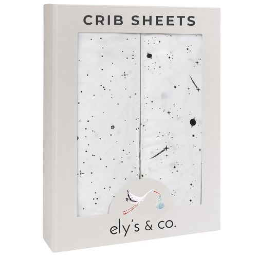 Ely’s & Co. Crib Sheets, Baby Girl/Boy Fitted Crib Mattress Sheet Set, 2 Pack, 100% Jersey Knit Cotton, Infant and Toddler Nursery Bedding, Black and White Celestial Print, 28” x 52”