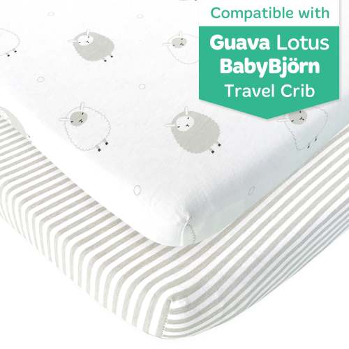 Fitted Sheets for Travel Cribs like Baby Bjorn, Guava Lotus and Dream On Me (24 x 42 inch) - Stripes and Lamb (2 Pack)