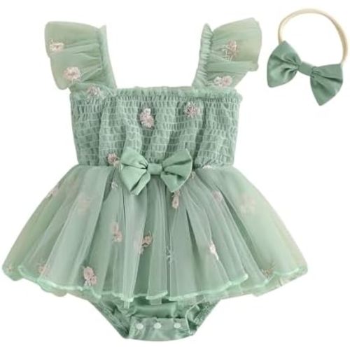 Douhoow Baby Girl Plaid Romper Flying Sleeve Ruffle Baby Dress Romper Infant Girl Summer Clothes with Headband