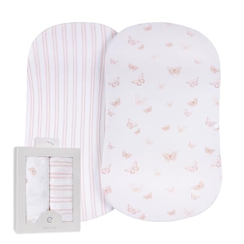 Ely’s & Co. Bassinet Sheets, Baby Girl Fitted Bassinet Mattress Sheet Set - 2 Pack, 100% Jersey Knit Cotton, fits Oval, Hourglass and Rectangle Mattress, Pink Butterly + Stripe, 32”x16”x3”