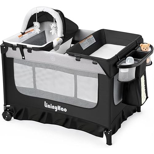 5-in-1 Pack and Play, Portable Playpen with Mat, Pack and Play with Bassinet, Foldable Baby Playpen, Changing Table, Easy Setup, Breathable Mesh Sides and Soft Fabric (Black + Gray)