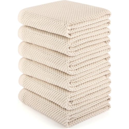 Large Kitchen Hand Towels,6 Pack Cotton Waffle Weave Dish Towel for Drying, Cleaning Cloth for Kitchen Dishes - Extra Absorbent and Soft - 16 x 28 inch (Cream-6 Pack)