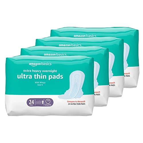 Amazon Basics Extra Heavy Overnight Pads for Women, Ultra Thin with Flexi-Wings, Unscented, Size 5, 96 Count, (4 Packs of 24) (Previuosly Solimo)