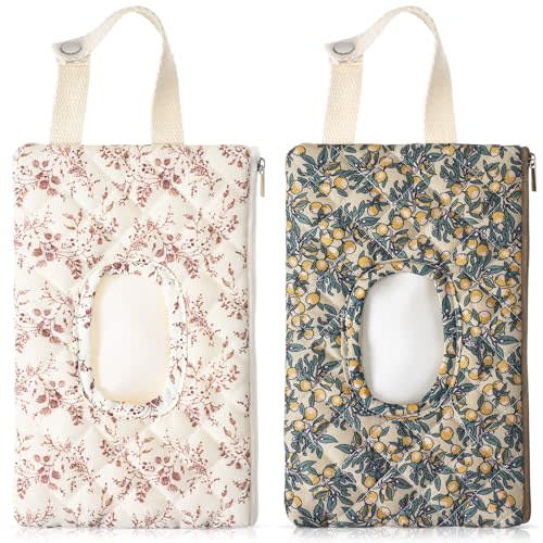 2 Pcs Quilted Diaper and Wipes Pouch Portable Hanging Floral Wet Wipe Bag Diaper Bag Reusable Wipes Pouch for for Stroller Car Travel Infant Diapering Organizer (Mixed Floral)