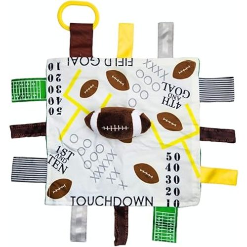 Baby Jack & Co 10x10” Football Sports Lovey Sensory Plush Blanket - Tag Toys for Babies - Baby Stroller Toys - Learn Shapes, Letters & Colors - MVP Baby Ball Toy & Baby Sports Gift