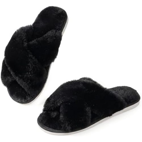 Ankis Womens Fuzzy Slippers Memory Foam Cross Band Cozy House Slippers Plush Home Fluffy Furry Slippers Open Toe Cute Soft Ladies Indoor Outdoor Slipper Slides Wedding Bride Shoes Gifts