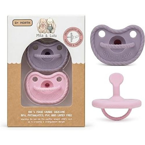 Orthodontic Silicone Pacifiers (Set of 2) – 100% Food-Grade, One-Piece Design, Soft Orthodontic Nipple, Airflow Shield, Multi-Use Pacifier for 0+ Months - Ballerina/Mauve - Mila & Lulu