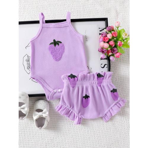 2pcs Baby Girl Cute Embroidered Suspender Romper & Shorts Set, Thin Summer