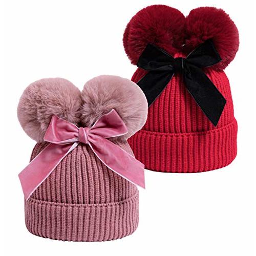 YATEEN Infant Toddler Baby Knitting Woolen Hat Winter Warm Double Pompom Beanie Cap with Bow