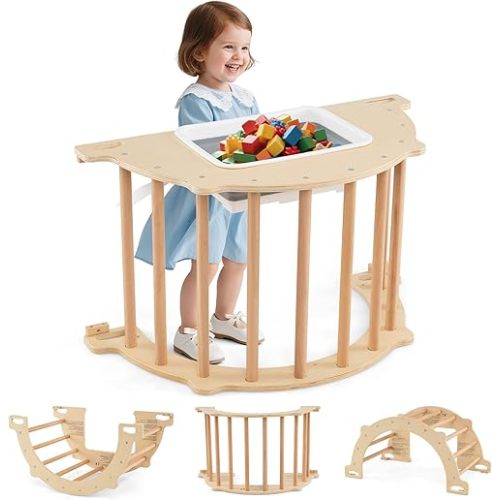 Olakids Climbing Arch for Toddlers, 5 in 1 Wooden Indoor Kids Climber Rocker Montessori Sensory Table with Foldable Storage Bin, Baby Pikler Toy Set Gym Learning Crawling Gift for Children (Natural)