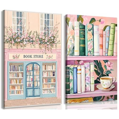 2Pcs Books Canvas Wall Art Vintage Floral Book Wall Decor Pictures Pastel Bookshelf Bookstore Themed Painting Artwork Color Prints for Living Room Bedroom Reading Nook Decoration 12x16in