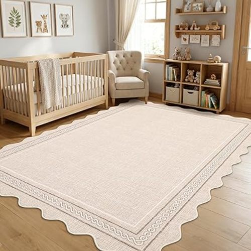 GarveeHome Scalloped Washable 5x7 Area Rugs for Living Room Non Slip Neutral Beige Rug Farmhouse Soft Bedroom Rugs Low Pile Foldable Stain Resistant Carpet for Nursery Playroom Dining Room, Beige