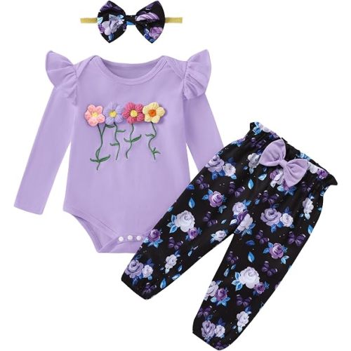Baby Girl Outfits Long Sleeve Ruffle Romper and Pants Sets 0-18M